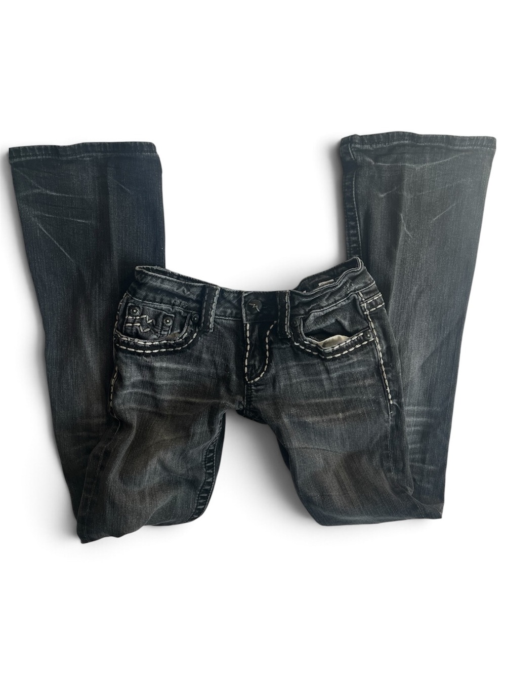 Miss Me Black Bootcut Jeans Low Rise Embroidered Stitched Pockets Y2K Mcbling 26